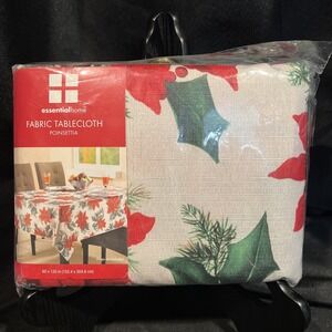 New Vtg  Essential Home Oblong Fabric Tablecloth Gold Metallic Poinsettia 60x120